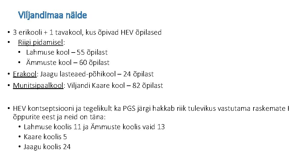 Viljandimaa näide • 3 erikooli + 1 tavakool, kus õpivad HEV õpilased • Riigi