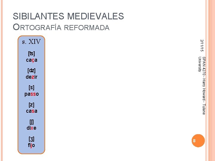 SIBILANTES MEDIEVALES ORTOGRAFÍA REFORMADA 2/11/15 s. XIV SPAN 4270 - Harry Howard - Tulane