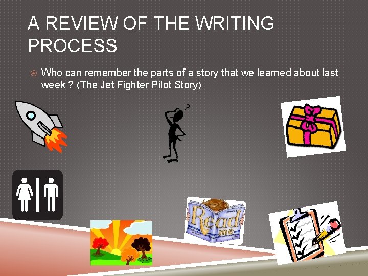 A REVIEW OF THE WRITING PROCESS Who can remember the parts of a story