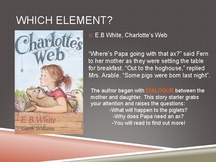 WHICH ELEMENT? E. B White, Charlotte’s Web “Where’s Papa going with that ax? ”