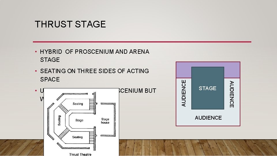 THRUST STAGE • USUALLY STILL HAS A PROSCENIUM BUT WITH AN EXTENDED APRON STAGE