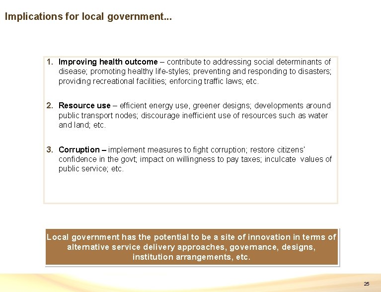 Implications for local government. . . 1. Improving health outcome – contribute to addressing Implications for local government. . . 1. Improving health outcome – contribute to addressing