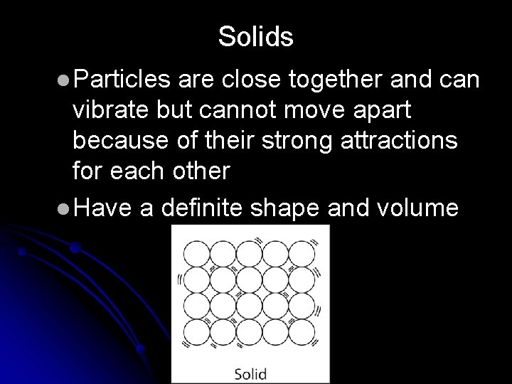 Solids l Particles are close together and can vibrate but cannot move apart because
