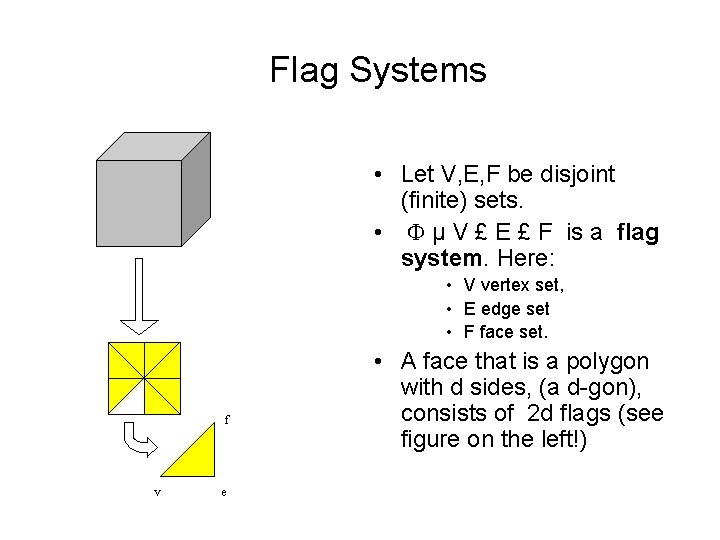 Flag Systems • Let V, E, F be disjoint (finite) sets. • µ V