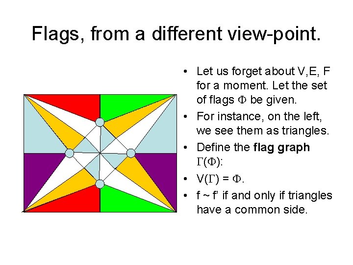 Flags, from a different view-point. • Let us forget about V, E, F for