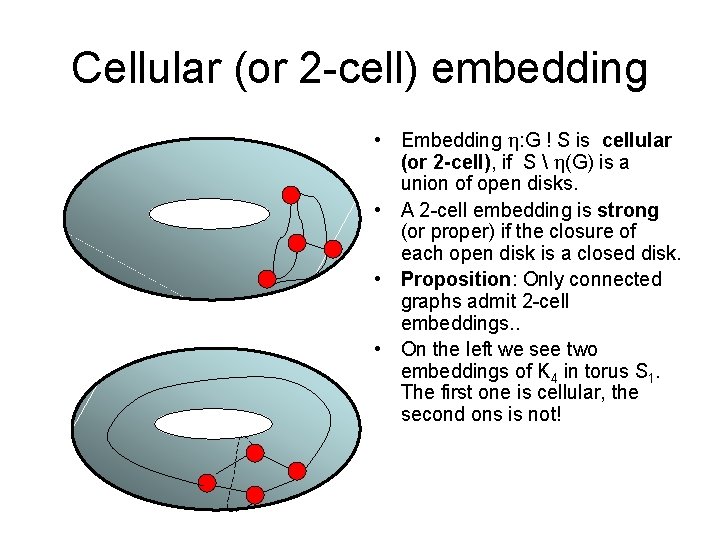 Cellular (or 2 -cell) embedding • Embedding h: G ! S is cellular (or