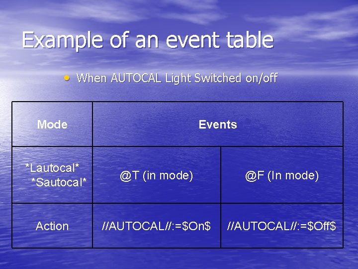 Example of an event table • When AUTOCAL Light Switched on/off Mode *Lautocal* *Sautocal*