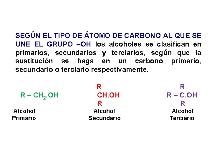SEGÚN EL TIPO DE ÁTOMO DE CARBONO AL QUE SE UNE EL GRUPO –OH SEGÚN EL TIPO DE ÁTOMO DE CARBONO AL QUE SE UNE EL GRUPO –OH