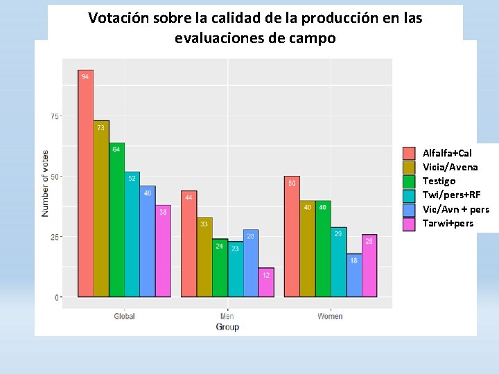 Votación sobre la calidad de la producción en las evaluaciones de campo Alfalfa+Cal Vicia/Avena