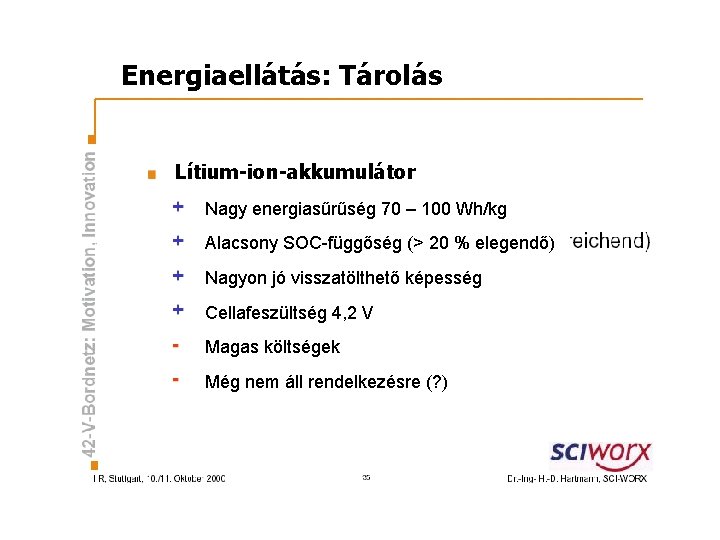 Energiaellátás: Tárolás Lítium-ion-akkumulátor Nagy energiasűrűség 70 – 100 Wh/kg Alacsony SOC-függőség (> 20 %