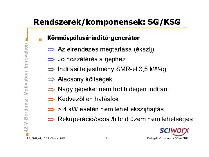 Rendszerek/komponensek: SG/KSG Körmöspólusú-indító-generátor Az elrendezés megtartása (ékszíj) Jó hozzáférés a géphez Indítási teljesítmény SMR-el
