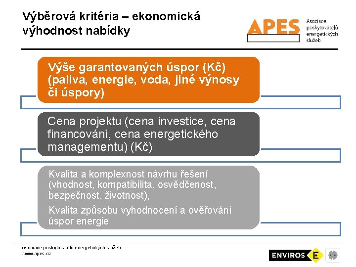 Výběrová kritéria – ekonomická výhodnost nabídky Výše garantovaných úspor (Kč) (paliva, energie, voda, jiné