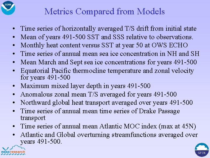 Metrics Compared from Models • • • Time series of horizontally averaged T/S drift