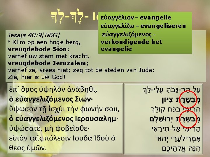 εὐαγγέλιον – evangelie εὐαγγελίζω – evangeliseren εὐαγγελιζόμενος - Jesaja 40: 9[NBG] 9 Klim op
