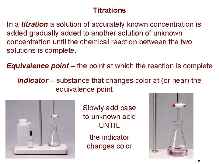 Titrations In a titration a solution of accurately known concentration is added gradually added