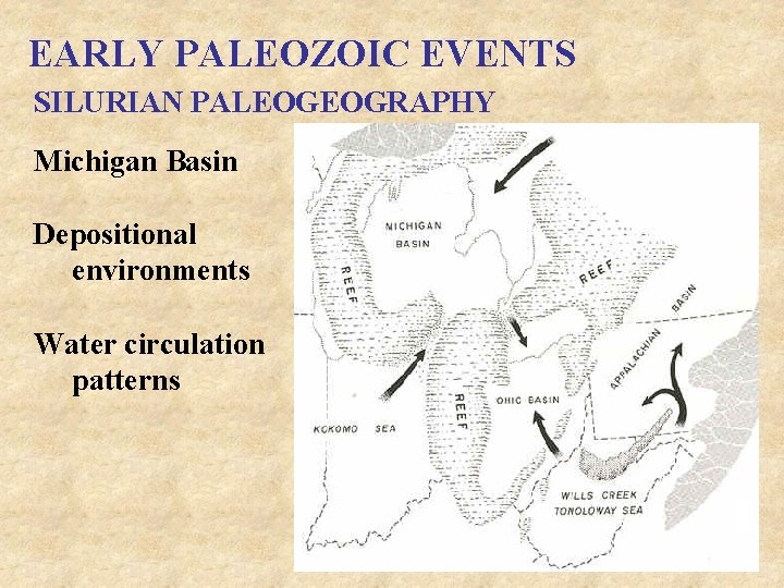 EARLY PALEOZOIC EVENTS SILURIAN PALEOGEOGRAPHY Michigan Basin Depositional environments Water circulation patterns 