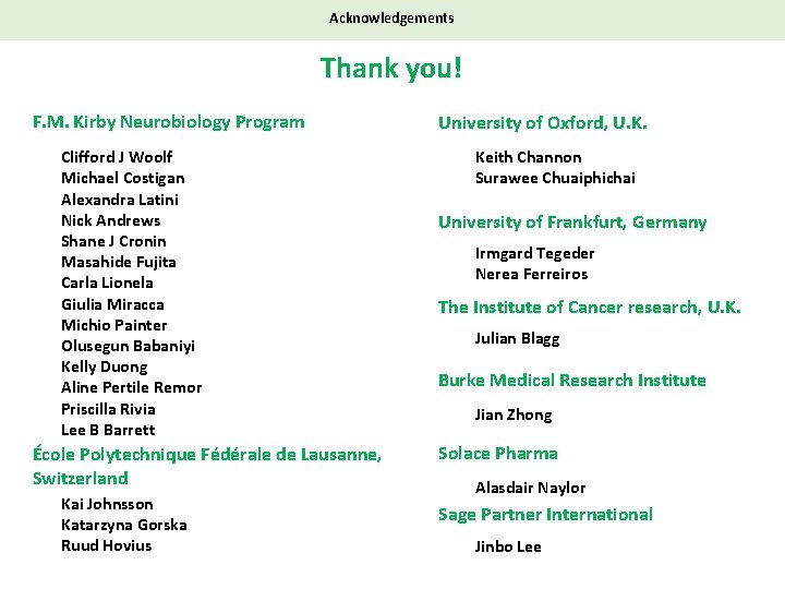 Acknowledgements Thank you! F. M. Kirby Neurobiology Program Clifford J Woolf Michael Costigan Alexandra