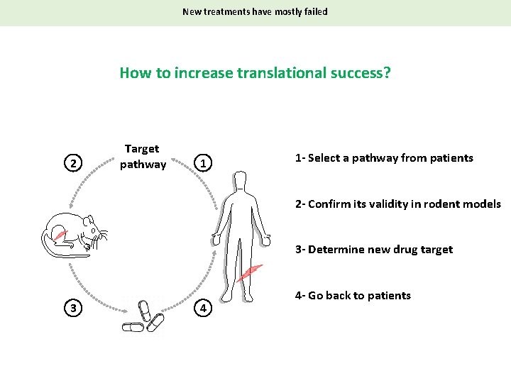 New treatments have mostly failed How to increase translational success? 2 Target pathway 1