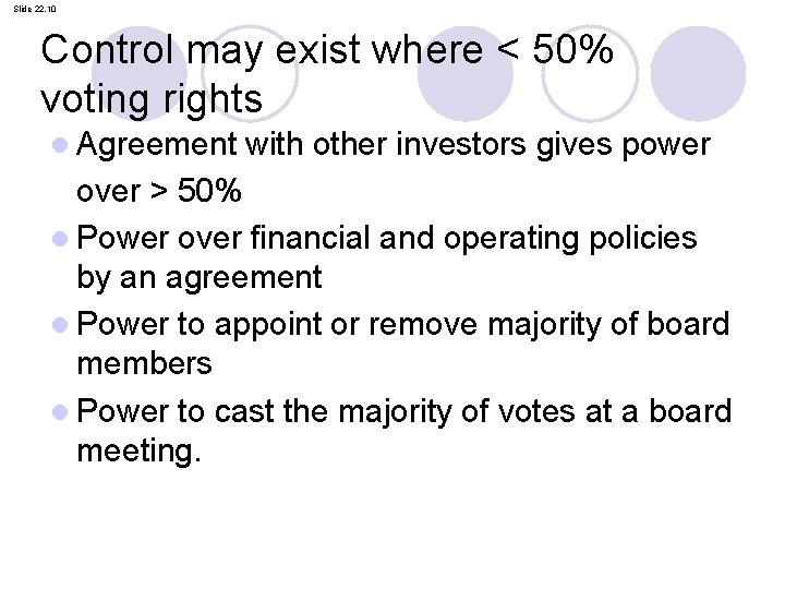 Slide 22. 10 Control may exist where < 50% voting rights l Agreement with