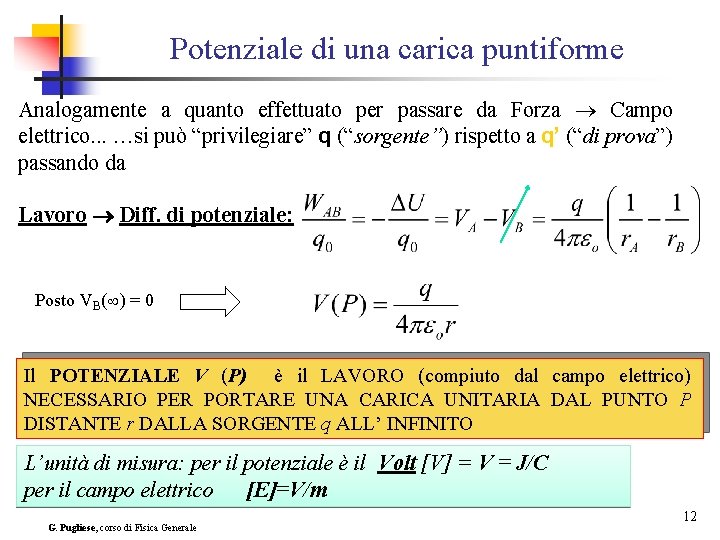 Potenziale di una carica puntiforme Analogamente a quanto effettuato per passare da Forza Campo