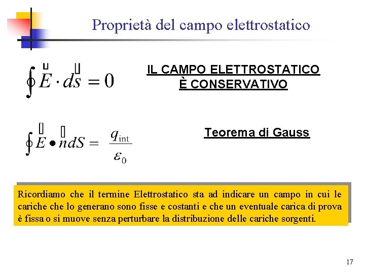 Proprietà del campo elettrostatico IL CAMPO ELETTROSTATICO È CONSERVATIVO Teorema di Gauss Ricordiamo che