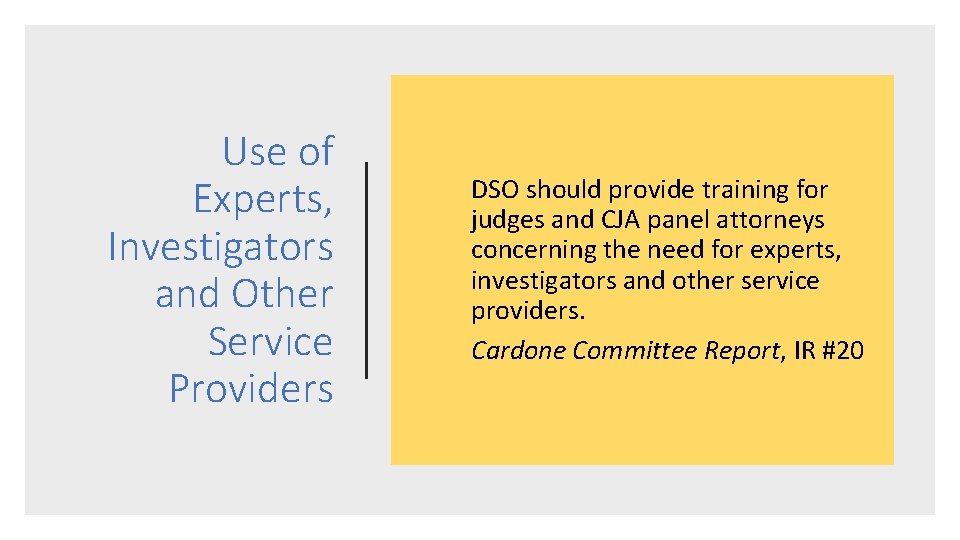 Use of Experts, Investigators and Other Service Providers DSO should provide training for judges Use of Experts, Investigators and Other Service Providers DSO should provide training for judges