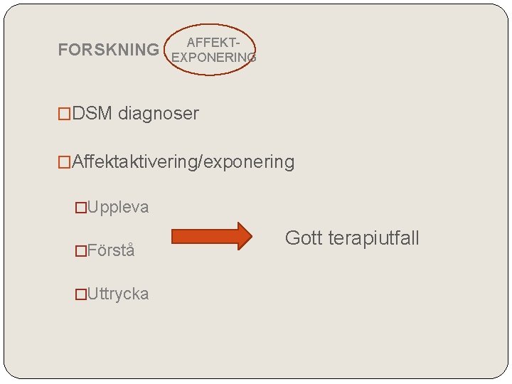 FORSKNING AFFEKTEXPONERING �DSM diagnoser �Affektaktivering/exponering �Uppleva �Förstå �Uttrycka Gott terapiutfall 