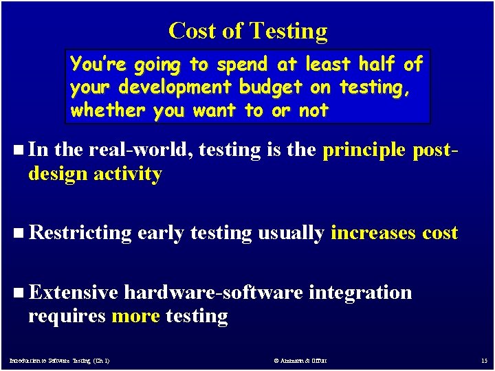 Cost of Testing You’re going to spend at least half of your development budget Cost of Testing You’re going to spend at least half of your development budget