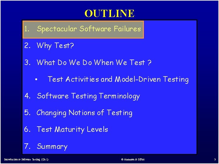 OUTLINE 1. Spectacular Software Failures 2. Why Test? 3. What Do We Do When OUTLINE 1. Spectacular Software Failures 2. Why Test? 3. What Do We Do When