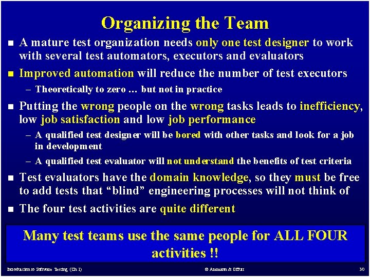 Organizing the Team n n A mature test organization needs only one test designer Organizing the Team n n A mature test organization needs only one test designer