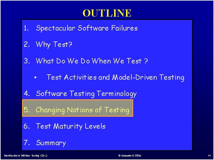 OUTLINE 1. Spectacular Software Failures 2. Why Test? 3. What Do We Do When OUTLINE 1. Spectacular Software Failures 2. Why Test? 3. What Do We Do When