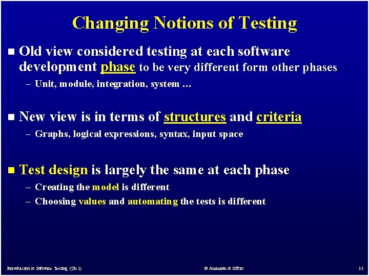 Changing Notions of Testing n Old view considered testing at each software development phase Changing Notions of Testing n Old view considered testing at each software development phase