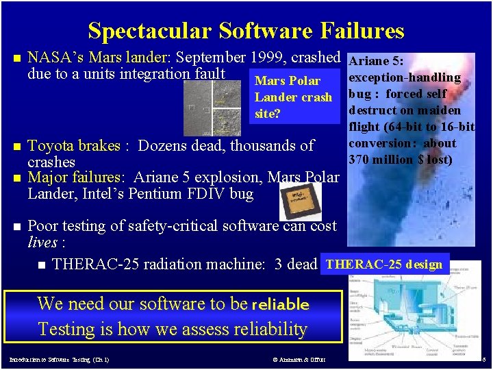 Spectacular Software Failures n NASA’s Mars lander: September 1999, crashed Ariane 5: due to Spectacular Software Failures n NASA’s Mars lander: September 1999, crashed Ariane 5: due to