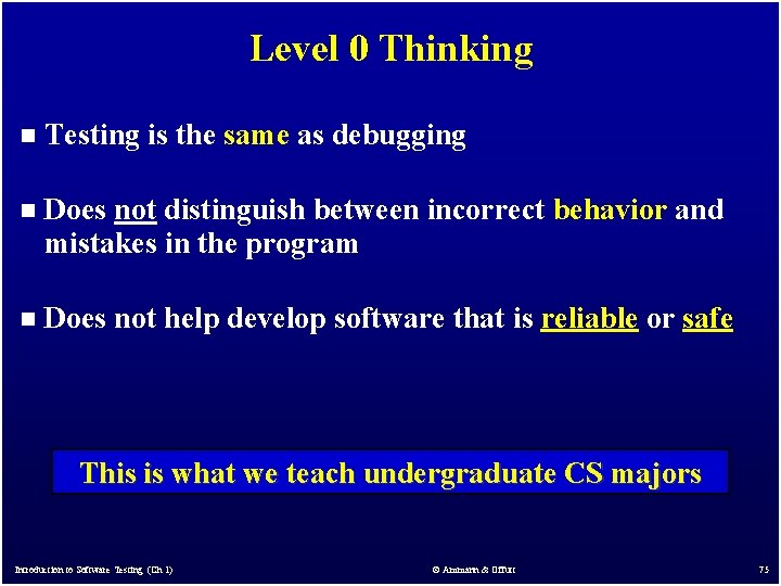 Level 0 Thinking n Testing is the same as debugging n Does not distinguish Level 0 Thinking n Testing is the same as debugging n Does not distinguish
