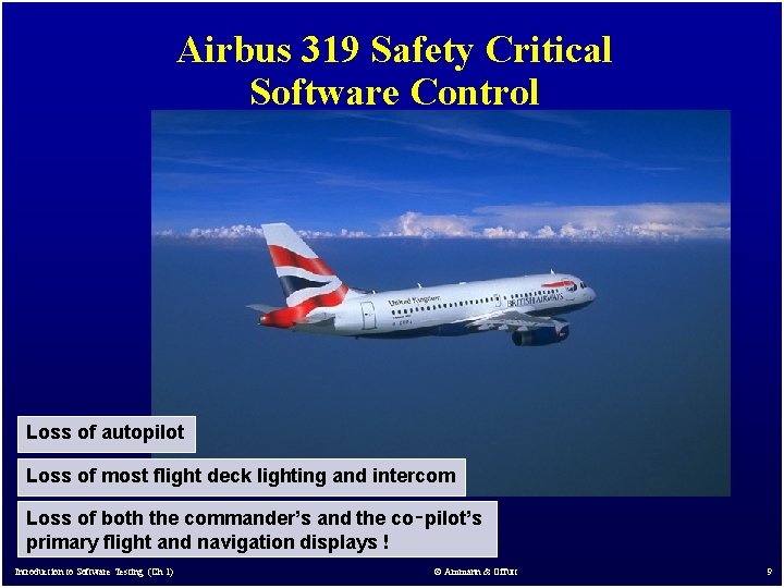 Airbus 319 Safety Critical Software Control Loss of autopilot Loss of most flight deck Airbus 319 Safety Critical Software Control Loss of autopilot Loss of most flight deck