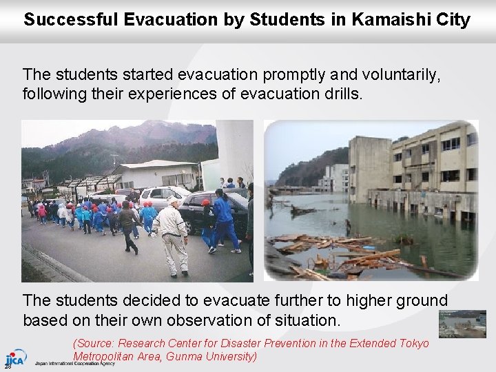 Successful Evacuation by Students in Kamaishi City The students started evacuation promptly and voluntarily,