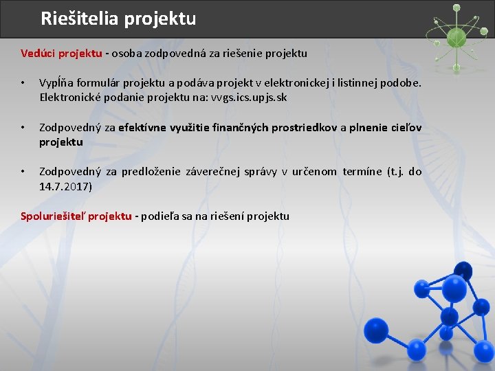 Riešitelia projektu Vedúci projektu - osoba zodpovedná za riešenie projektu • Vypĺňa formulár projektu