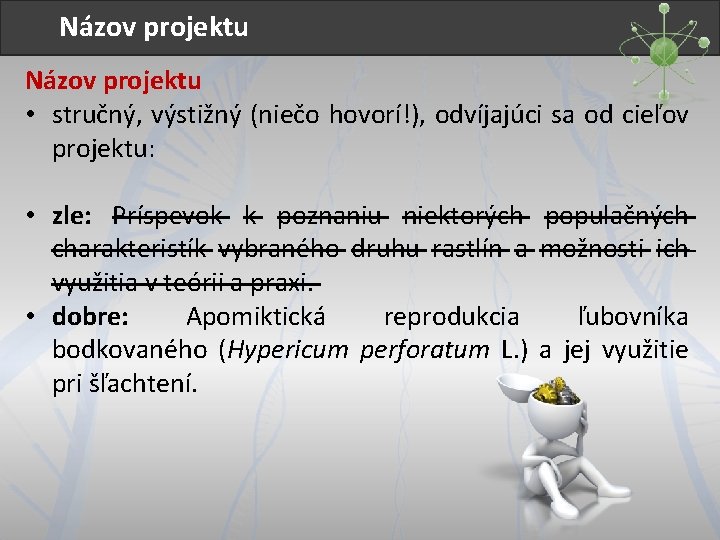Názov projektu • stručný, výstižný (niečo hovorí!), odvíjajúci sa od cieľov projektu: • zle: