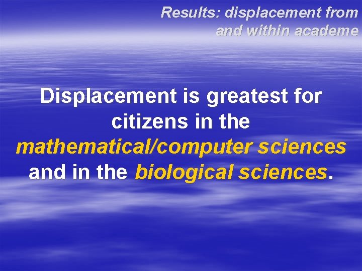 Results: displacement from and within academe Displacement is greatest for citizens in the mathematical/computer Results: displacement from and within academe Displacement is greatest for citizens in the mathematical/computer