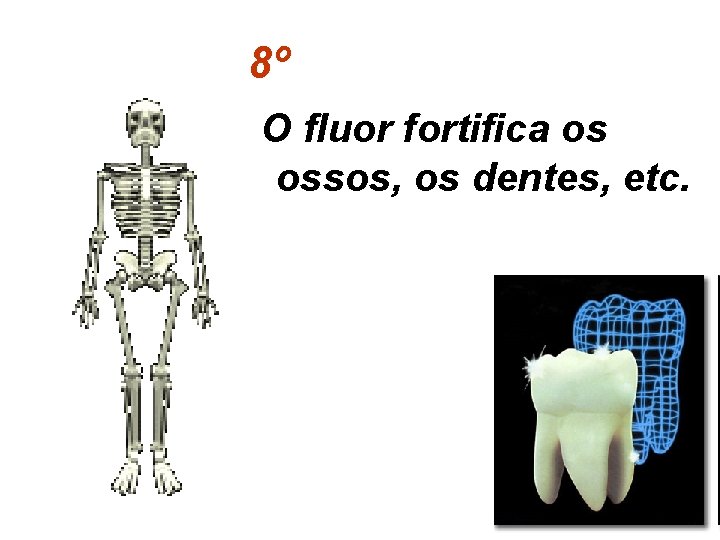 8º O fluor fortifica os ossos, os dentes, etc. 