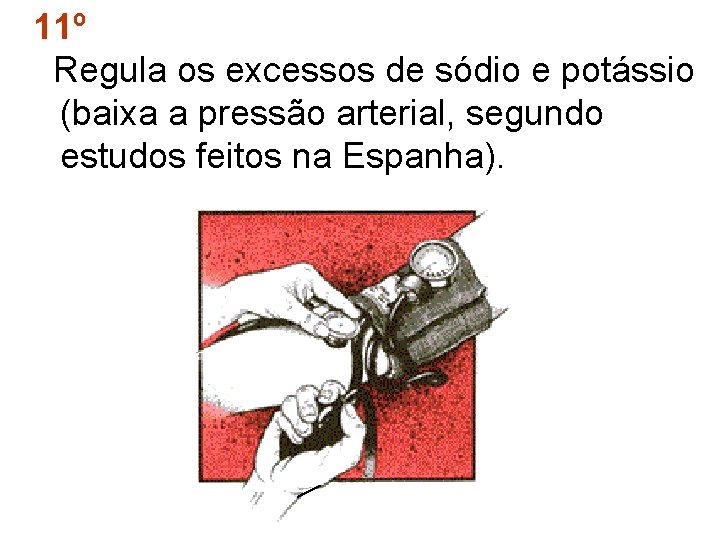 11º Regula os excessos de sódio e potássio (baixa a pressão arterial, segundo estudos