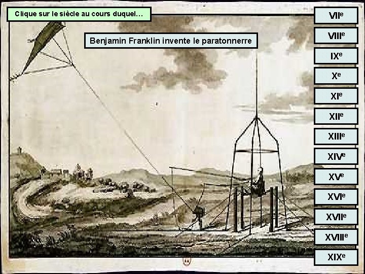 Clique sur le siècle au cours duquel… Benjamin Franklin invente le paratonnerre VIIIe IXe