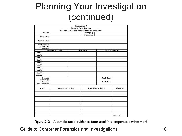 Planning Your Investigation (continued) Guide to Computer Forensics and Investigations 16 