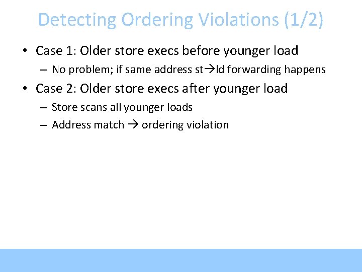 Detecting Ordering Violations (1/2) • Case 1: Older store execs before younger load –