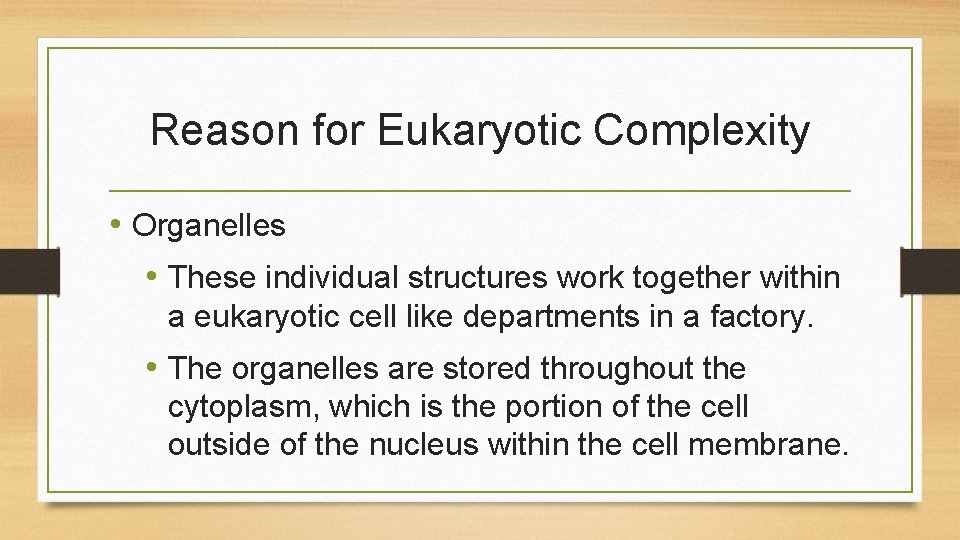 Reason for Eukaryotic Complexity • Organelles • These individual structures work together within a