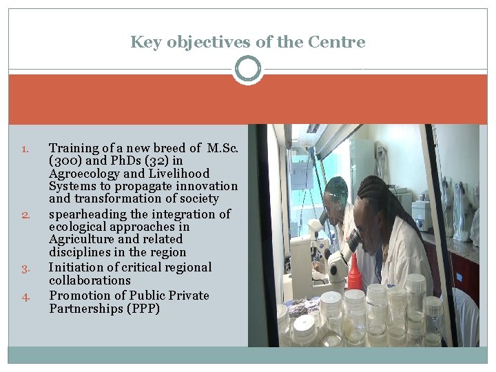 Key objectives of the Centre 1. 2. 3. 4. Training of a new breed