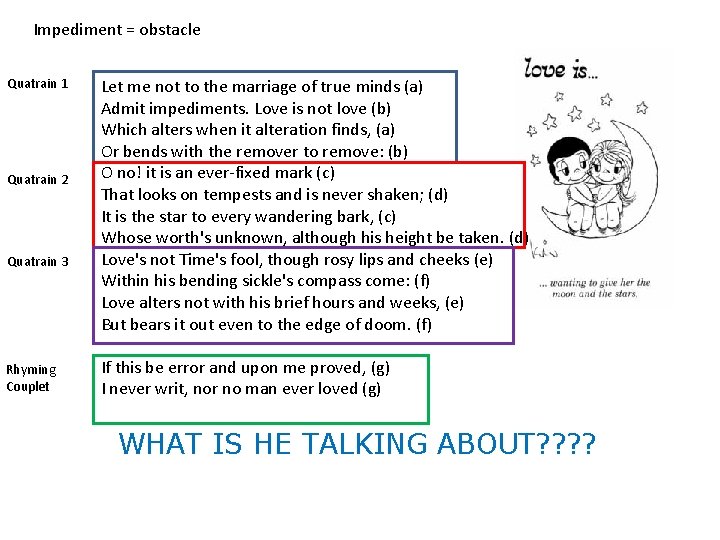 Impediment = obstacle Quatrain 1 Quatrain 2 Quatrain 3 Rhyming Couplet Let me not