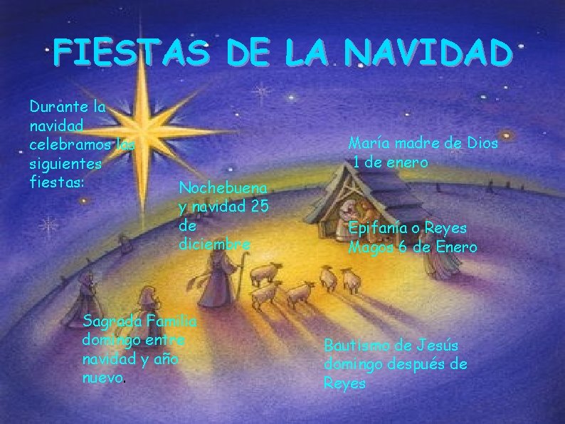 FIESTAS DE LA NAVIDAD Durante la navidad celebramos las siguientes fiestas: María madre de