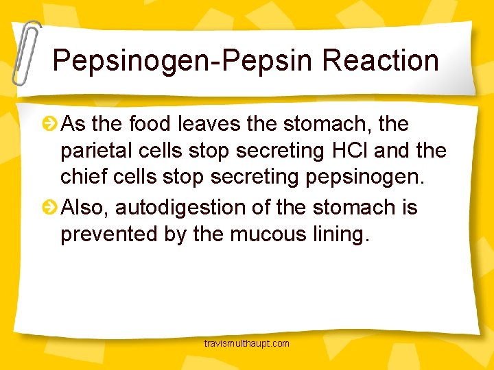 Pepsinogen-Pepsin Reaction As the food leaves the stomach, the parietal cells stop secreting HCl