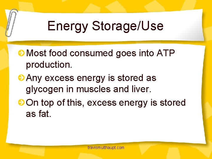 Energy Storage/Use Most food consumed goes into ATP production. Any excess energy is stored